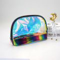 Round Shape Holographic PVC Combine with Rainbow Leather and Colorful Nylon Zipper Travel Pouch Makeup Bag for girls